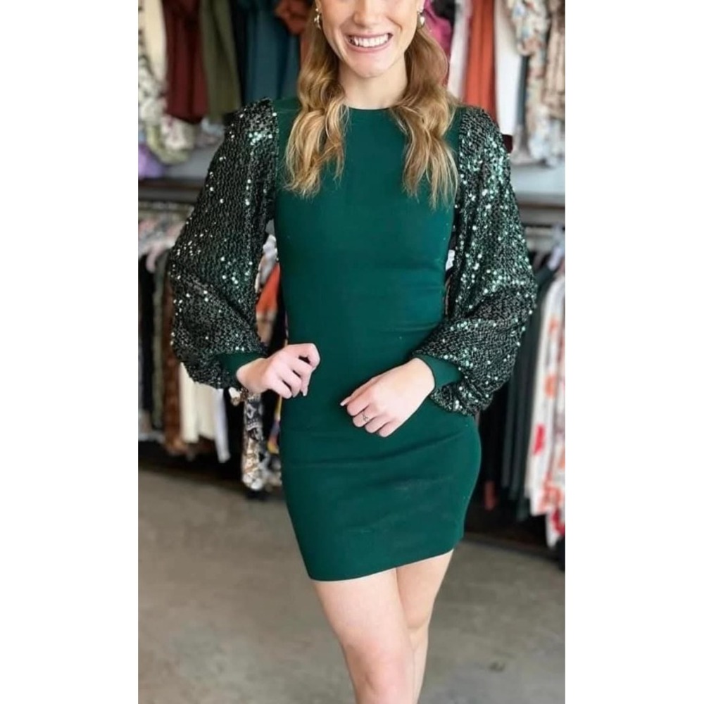 A. Calin Flying Tomato‎ Sequin Sleeve Mini Dress Party Cocktail Bodycon Green S